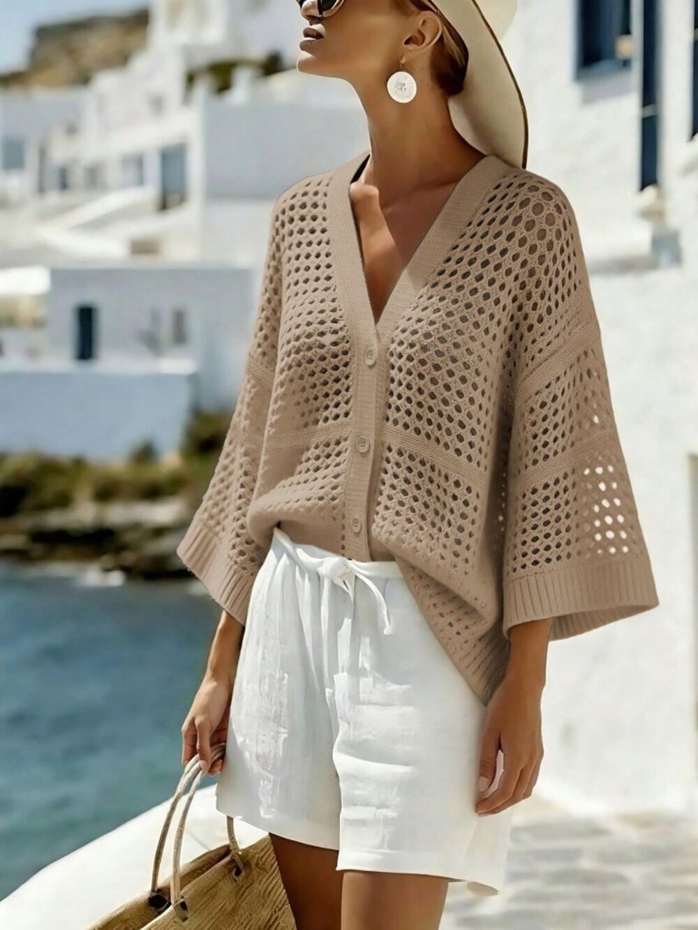 Khaki Casual Women's V-Neck Sleeveless Hollow Mesh Loose Thin Cardigan